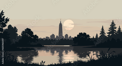 Serene lakeside cityscape silhouette at sunset with tranquil water reflections and lush forest foreground, evoking peace and urban beauty