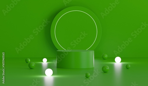 green product presentation platform, podium stand neon lights with small balls glowing