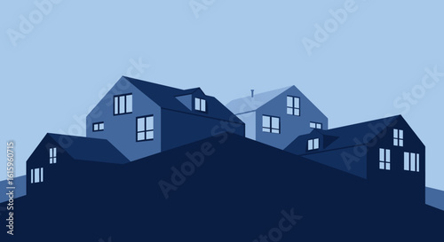 Modern minimalist houses in gradient blue tones create a serene, architectural landscape perfect for design projects and calm living concepts.
