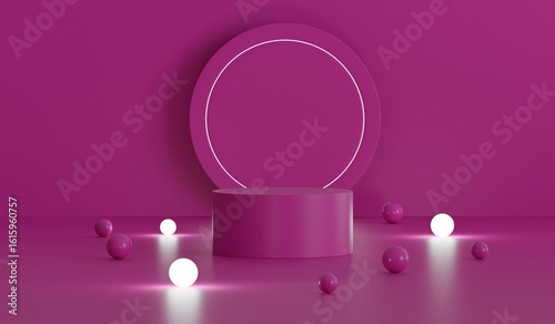 Purple product presentation platform, podium stand neon lights with small balls glowing