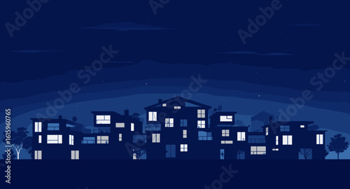Serene suburban homes glow with warm light under a vast, starry night sky, creating a peaceful nighttime neighborhood scene.