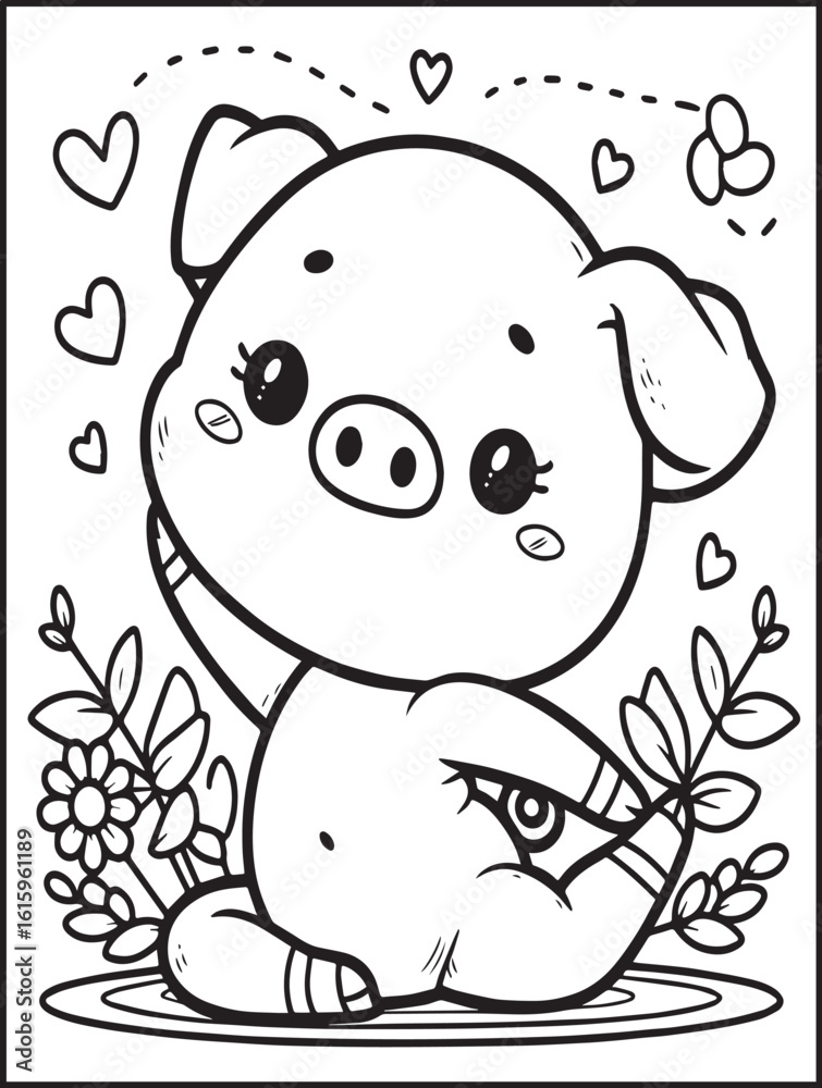 Fototapeta premium Animal-themed coloring page for kids and adults: Animal doing yoga: Cute pig doing yoga pose