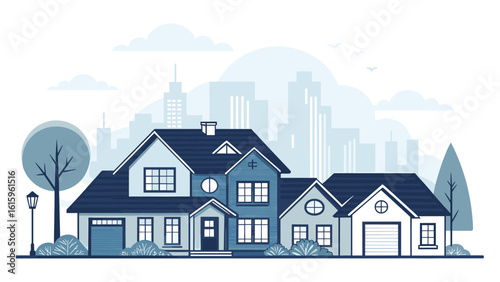 Charming suburban streetscape with diverse homes against a city skyline