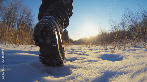 A person walking alone amidst a beautiful snowy environment with glimmering snow underfoot and trees