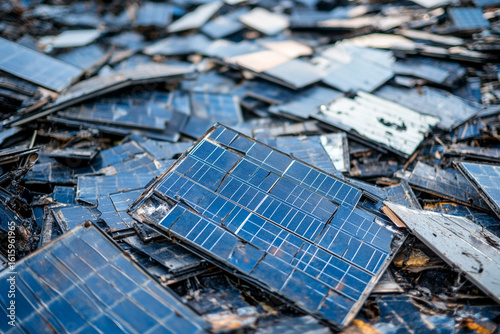 Broken solar panels discarded in a pile waste disposal recycling renewable energy