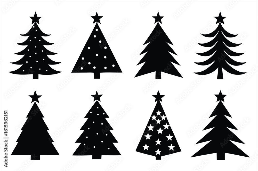 Obraz premium Collection of eight festive christmas tree silhouettes isolated on white background