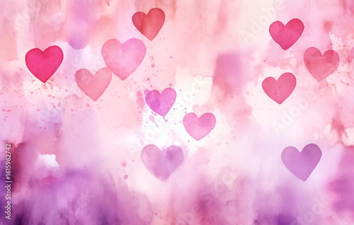 Watercolor hearts on a pink and purple vector background. St Valentine day vivid pink and purple backdrop, with dynamic and imaginative energy infused with affection. Vibrant composition 