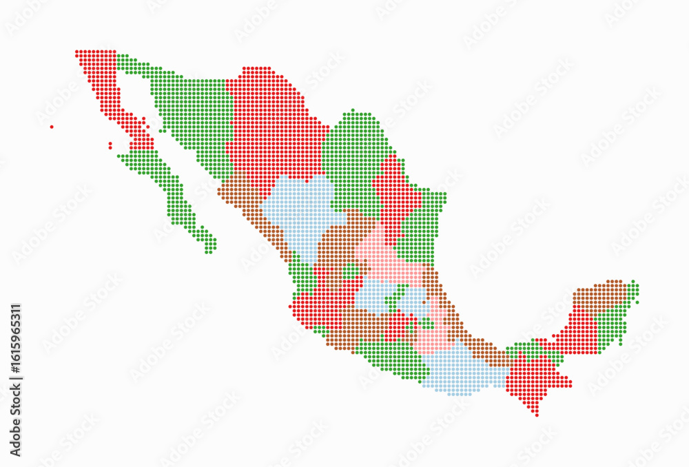 Fototapeta premium Mexico dotted map. Digital style map of the country on white background. Mexico shape with circle dots. Colored dots style. Small size circles. Creative vector illustration.