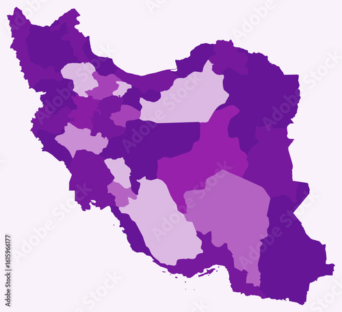 Map of Iran with regions. Just a simple country border map with region division. Purple color palette. Blank Islamic Republic of Iran shape with administrative division. Vector illustration.