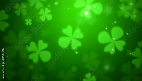 A vibrant green backdrop filled with overlapping four leaf clover shapes, some in focus and some blurred to create depth
