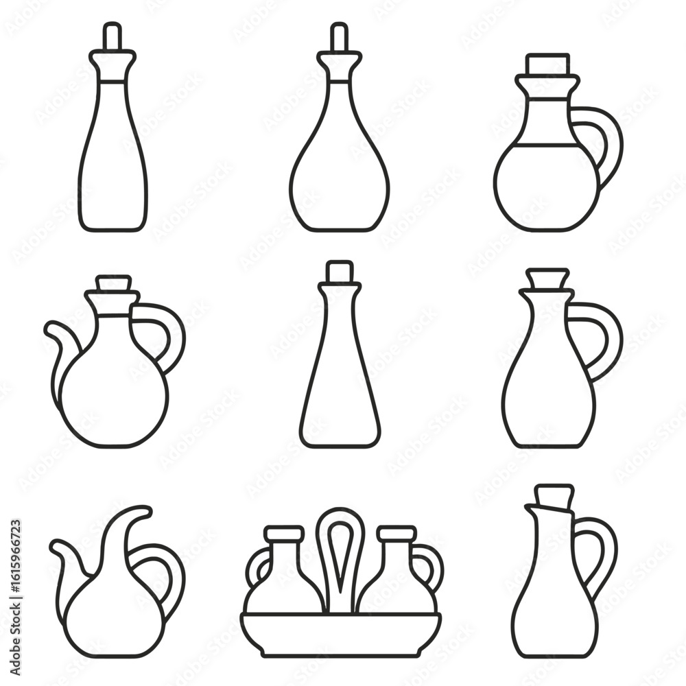 Oil and Vinegar Cruets. Line vector icons of Oil and vinegar cruets: tall oil cruet, short oil cruet, square oil cruet, round Oil and Vinegar Cruets. Line vector icons of Oil and vinegar cruets: tall oil cruet, short oil cruet, square oil cruet, round
