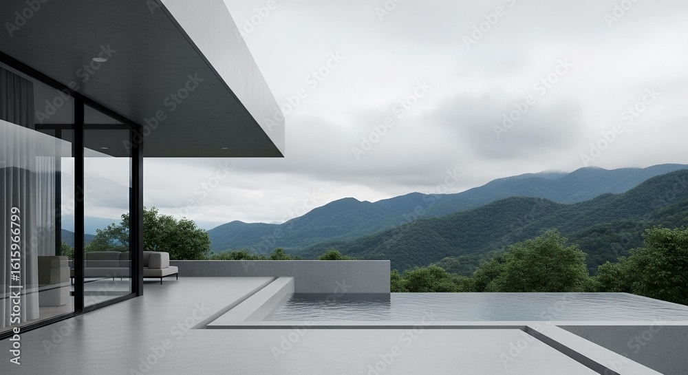 Fototapeta premium Modern villa with infinity pool overlooking lush mountain landscape