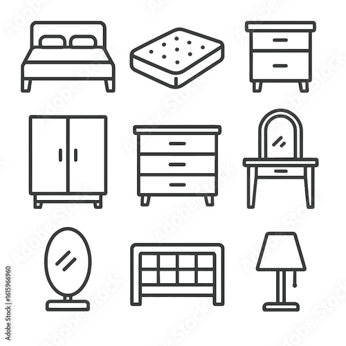 Bedroom Furniture Icons. Line style icons of Bedroom Furniture: bed frame, mattress, nightstand, wardrobe, dresser, vanity table,