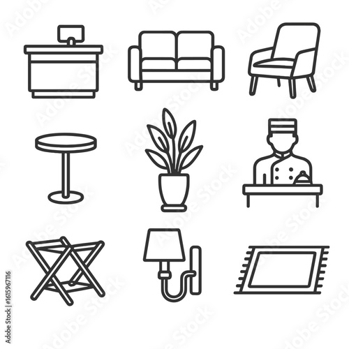 Hotel Lobby Icons. Line style icons of Hotel Lobby Furniture: reception desk, lounge sofa, accent chair, side table, floor planter
