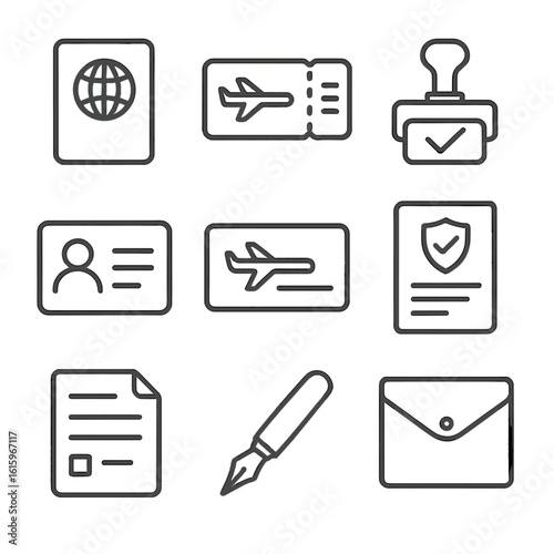 Travel Document Icons. Line style icons of Travel Documents: passport, boarding pass, visa stamp, ID card, frequent-flyer card,