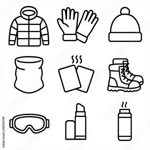 Winter Gear Icons. Line style icons of Winter Travel Gear: insulated jacket, thermal gloves, beanie cap, neck gaiter, hand warmers
