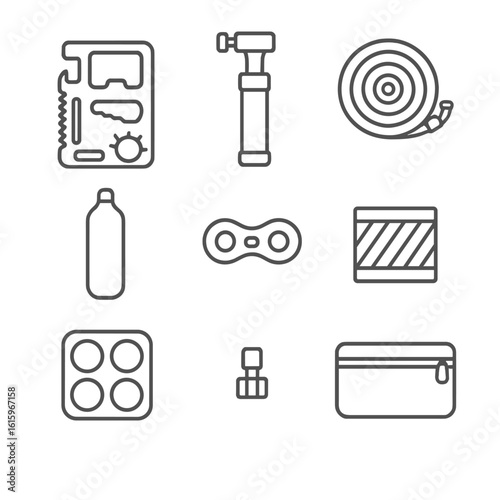 Roadside Repair Icons. Line style icons of Portable Roadside Repair Kit: multitool card, mini pump, spare tube, CO2 cartridge,