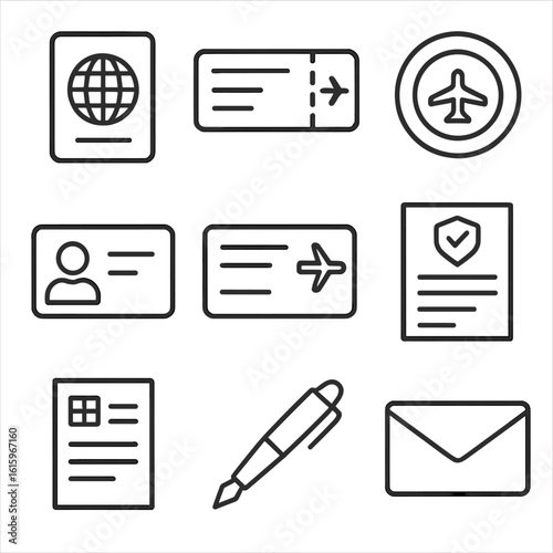 Travel Document Icons. Line style icons of Travel Documents: passport, boarding pass, visa stamp, ID card, frequent-flyer card,