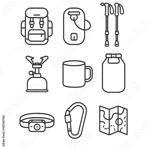 Adventure Backpack Icons. Line style icons of Adventure Backpacking: hiking backpack, hydration bladder, trekking poles, compact