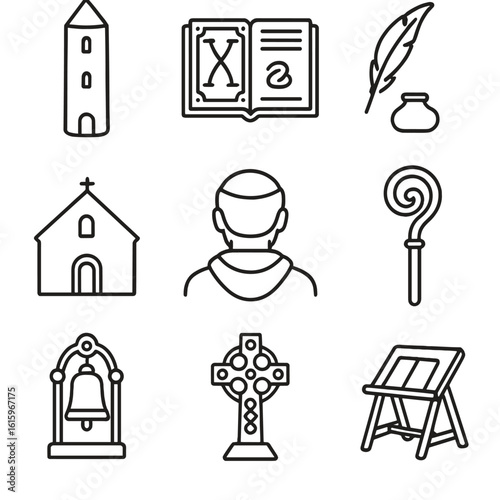 Celtic Monastic Icons. Line style icons of Celtic Monastic Life: round tower, illuminated manuscript, quill and ink, stone chapel,