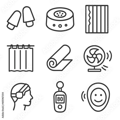 Noise Control Icons. Line style icons of Noise Control Solutions: earplug pair, white noise machine, acoustic panel, thick curtain