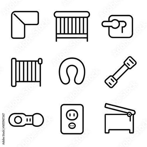 Bedroom Childproofing Icons. Line style icons of Bedroom Childproofing: corner guard, crib rail cap, window latch, safety gate,