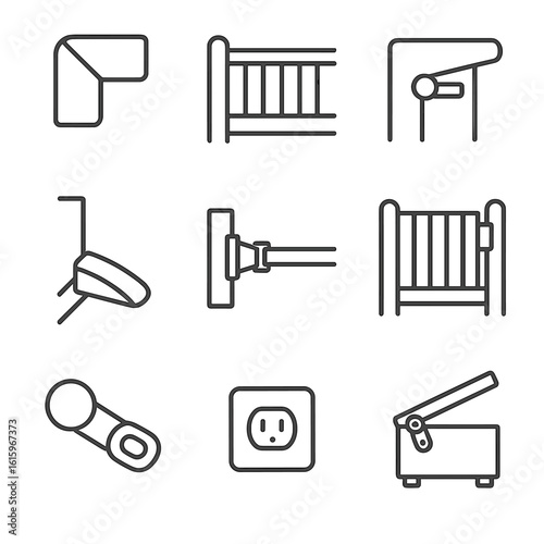 Bedroom Childproofing Icons. Line style icons of Bedroom Childproofing: corner guard, crib rail cap, window latch, safety gate,