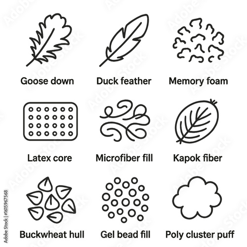 Pillow Fill Icons. Line style icons of Pillow Fill Materials: goose down cluster, duck feather, memory foam shred, latex core,