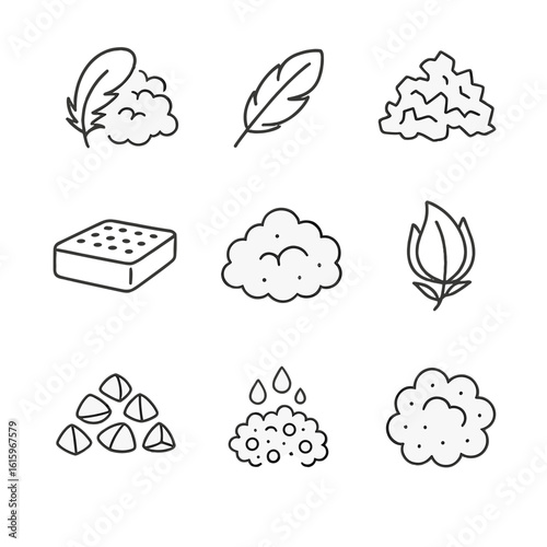 Pillow Fill Icons. Line style icons of Pillow Fill Materials: goose down cluster, duck feather, memory foam shred, latex core,