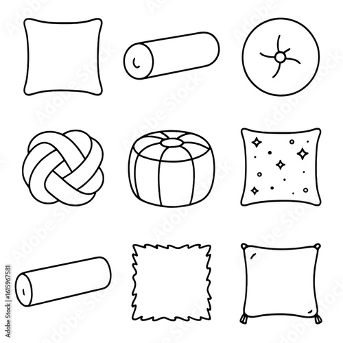 Decorative Cushion Icons. Line style icons of Decorative Cushions: square throw pillow, bolster cushion, round cushion, knot