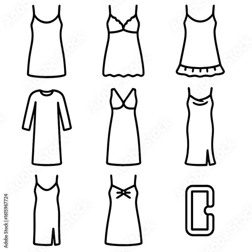 Nightgown Style Icons. Line style icons of Nightgown Styles: sleeveless slip, lace chemise, ruffle hem gown, long-sleeve maxi,