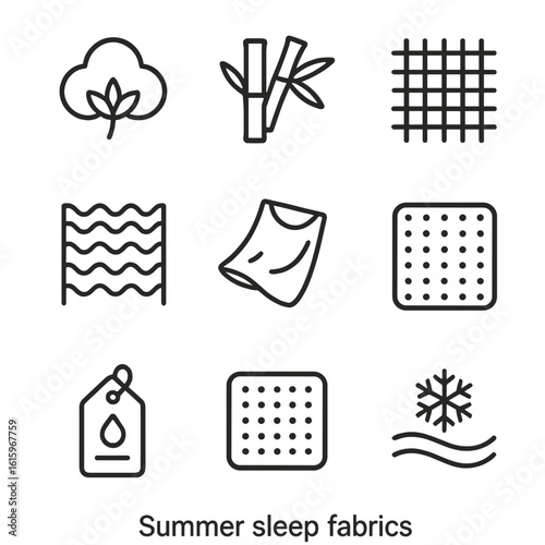Summer Sleep Fabric Icons. Line style icons of Summer Sleep Fabrics: lightweight cotton, bamboo rayon, linen weave, seersucker