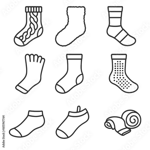 Bed Socks Icons. Line style icons of Bed Socks Collection: cable-knit sock, fuzzy sock, compression sleep sock, toe-separator sock