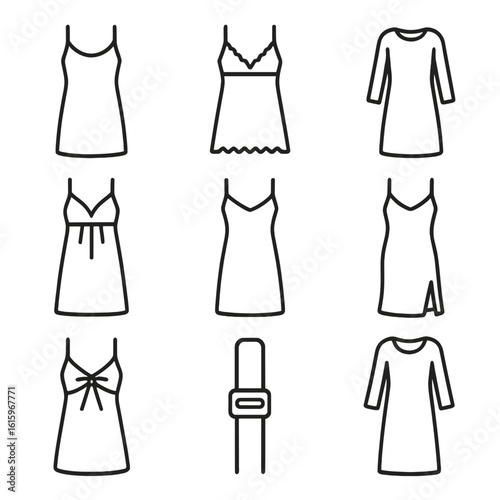 Nightgown Style Icons. Line style icons of Nightgown Styles: sleeveless slip, lace chemise, ruffle hem gown, long-sleeve maxi,