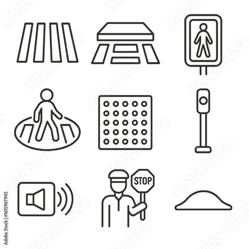 Pedestrian Crossing Icons. Line style icons of Pedestrian Crossings: zebra stripes, raised crosswalk, pelican crossing light,