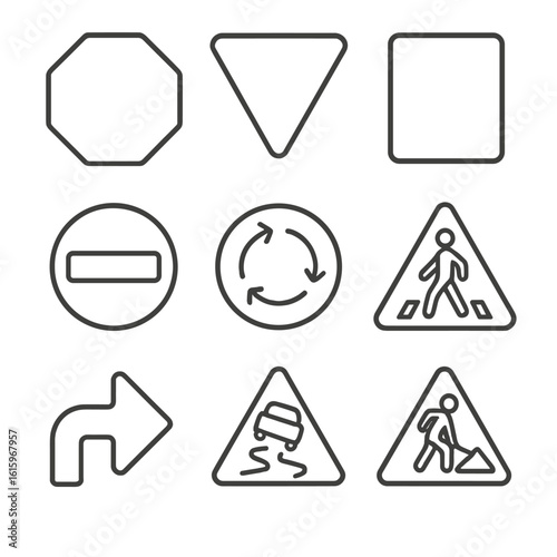 Road Sign Icons. Line style icons of Road Sign Basics: stop sign, yield sign, speed limit sign, no entry sign, roundabout sign,