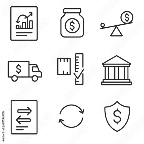 Futures & Derivatives Icons. Line style icons of Futures & Derivatives: futures contract sheet, margin account jar, leverage lever
