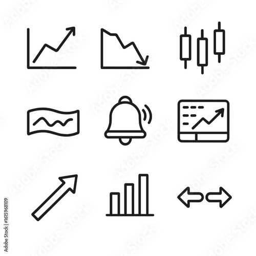 Stock Market Icons. Line style icons of Stock Market Basics: bullish chart, bearish chart, candlestick bar, stock ticker tape,