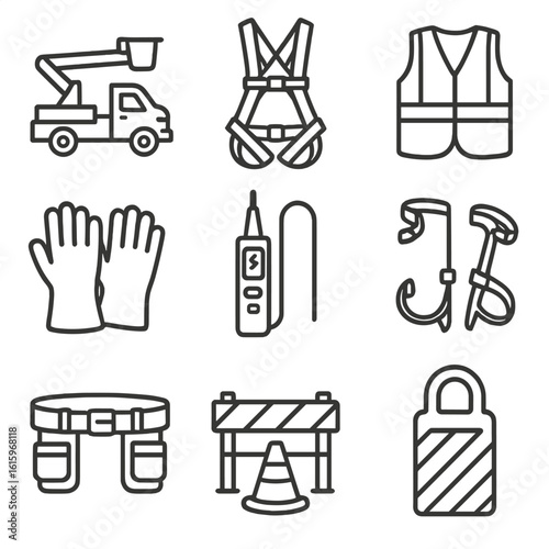 Safety Gear Icons. Line style icons of Safety & Maintenance Gear: bucket truck, safety harness, hi-viz vest, insulated gloves,