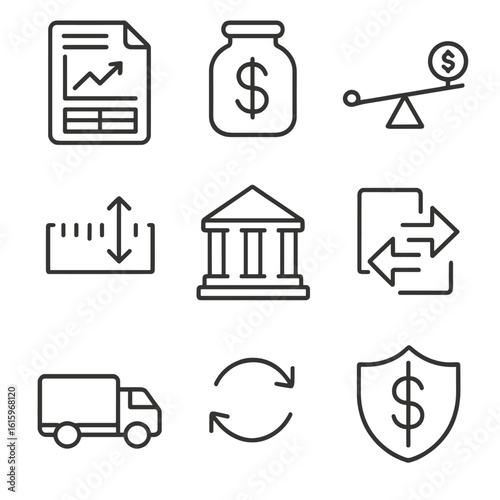 Futures & Derivatives Icons. Line style icons of Futures & Derivatives: futures contract sheet, margin account jar, leverage lever