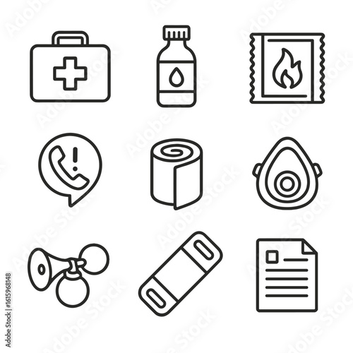 Emergency Gear Icons. Line style icons of On-Site Emergency Gear: first-aid kit box, eye rinse bottle, burn gel packet, emergency
