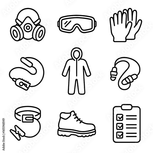 Personal Safety Kit Icons. Line style icons of Personal Safety Kit: respirator mask, splash goggle, nitrile gloves, coverall suit,