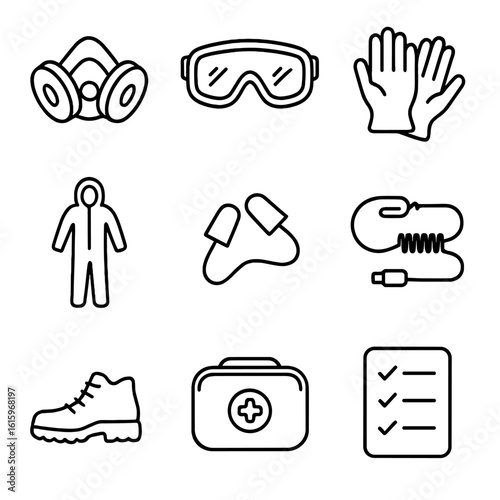 Personal Safety Kit Icons. Line style icons of Personal Safety Kit: respirator mask, splash goggle, nitrile gloves, coverall suit,