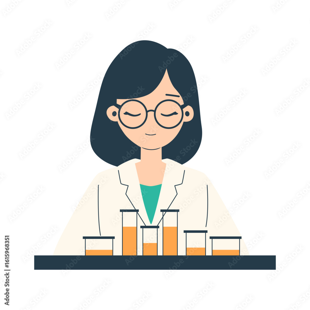 A charming graphic depicts a female scientist with test tubes, making it ideal for educational or medical designs, and adding a touch of scientific curiosity. A charming graphic depicts a female scientist with test tubes, making it ideal for educational or medical designs, and adding a touch of scientific curiosity.
