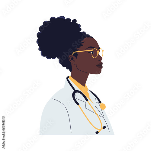 A stylish design of a Black female doctor wearing glasses and a stethoscope, ideal for medical or healthcare related projects.