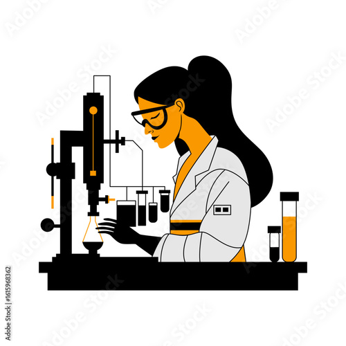A stylized graphic depicts a female scientist in lab coat using laboratory equipment for chemical research and analysis.