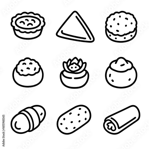 Frozen Appetizers Icons. Line style icons of Frozen Appetizers: mini quiche, phyllo triangle, crab cake, stuffed mushroom,