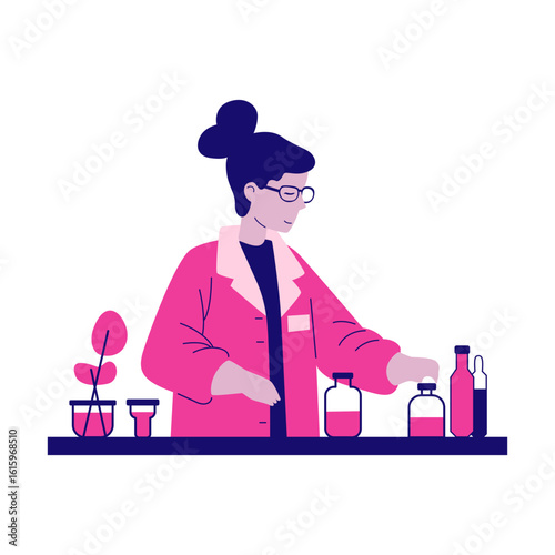 Graphic design of a scientist woman working in the laboratory with test tubes, ideal for science and research projects, with a modern, simple style.