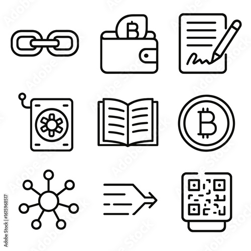 Blockchain Elements Icons. Line style icons of Blockchain Elements: blockchain chain, crypto wallet, smart contract, mining rig,
