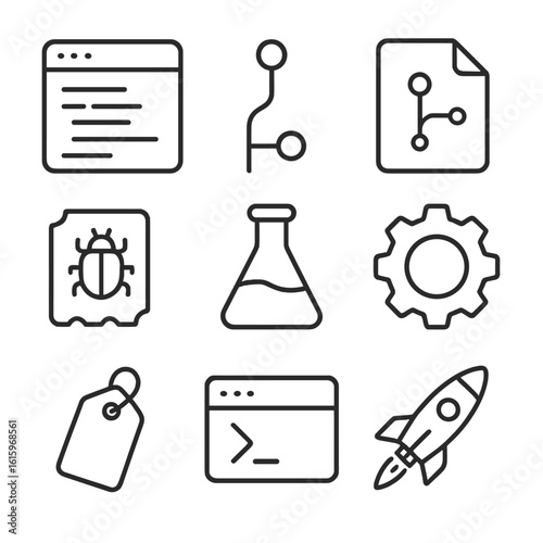 Software Workflow Icons. Line style icons of Software Development Workflow: IDE window, code branch, pull request document, bug